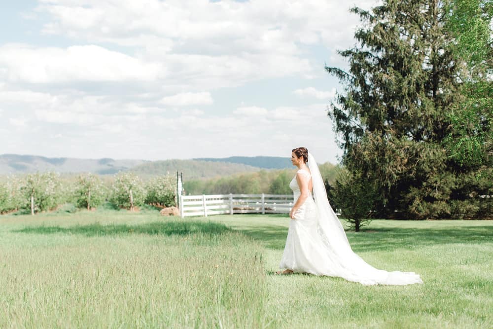 bride walking in the field at Glen at Glenburn Farms wedding venue