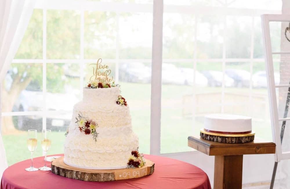 white and burgundy wedding cake in virginia