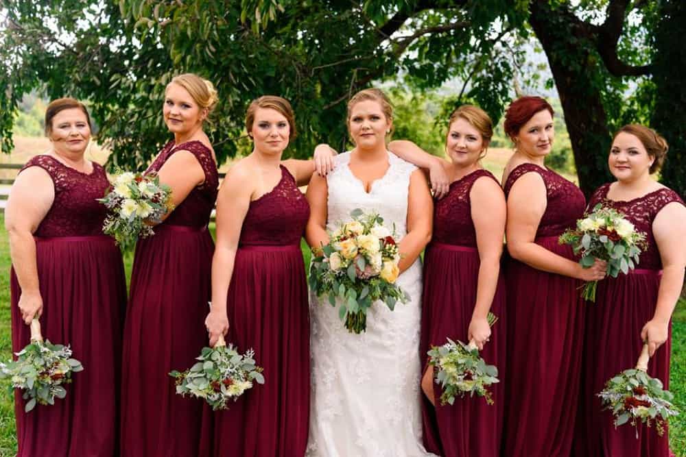 burgundy bridesmaids dresses on wedding day
