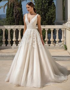 Justin Alexander Floral Ball Gown with Deep V