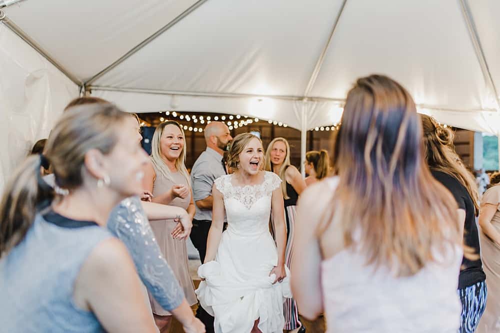 bride dancing during wedding reception at Lippy Farm