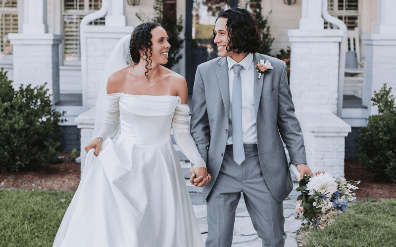 bride and groom looking at each other
