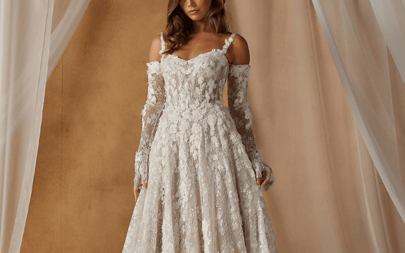 bride wearing a wedding gown with floral applique