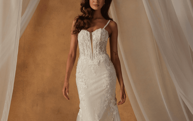 bride wearing a gown with 3d laced appliques