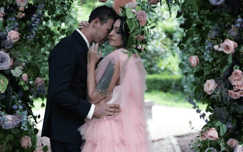 wedding dress color, bride wearing blush color