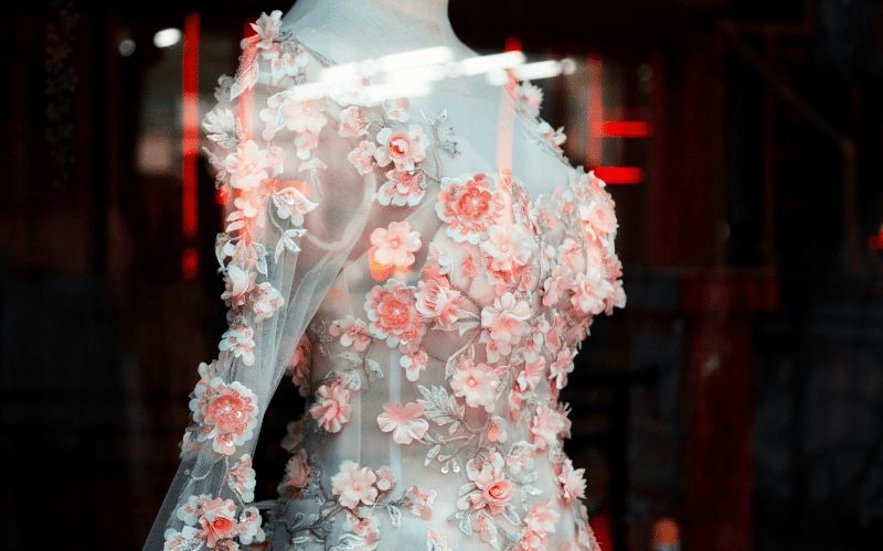 bride wearing floral wedding dress