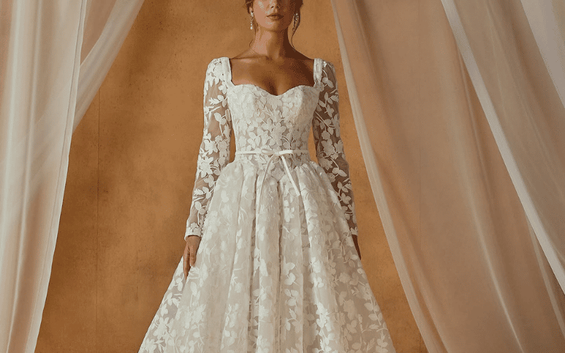 woman wearing a laced long-sleeve wedding dress