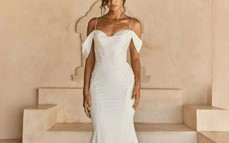 bride wearing a structured off shoulder gown